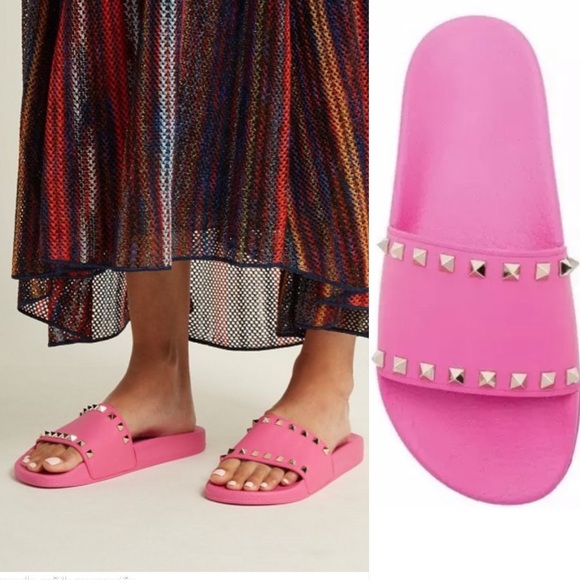 Valentino Shoes - VALENTINO Gold Pyramid Rockstud Pink PVC Pool Slides
